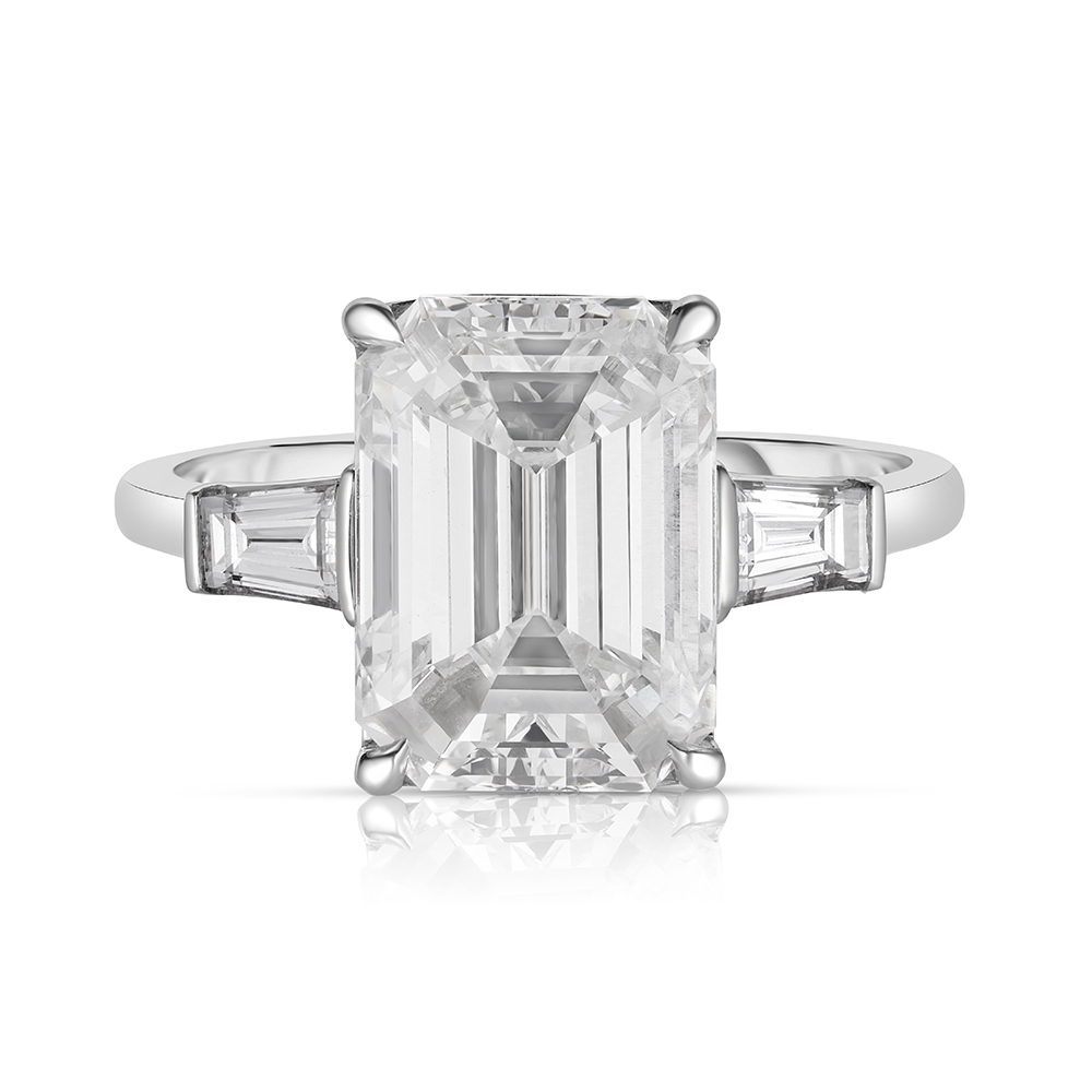 Flush Fitting Emerald Cut Three Stone Ring with Tapered Baguettes | Marisa Perry by Douglas Elliott Flush Fitting Emerald Cut Three Stone Ring with Tapered Baguettes | Marisa Perry by Douglas Elliott