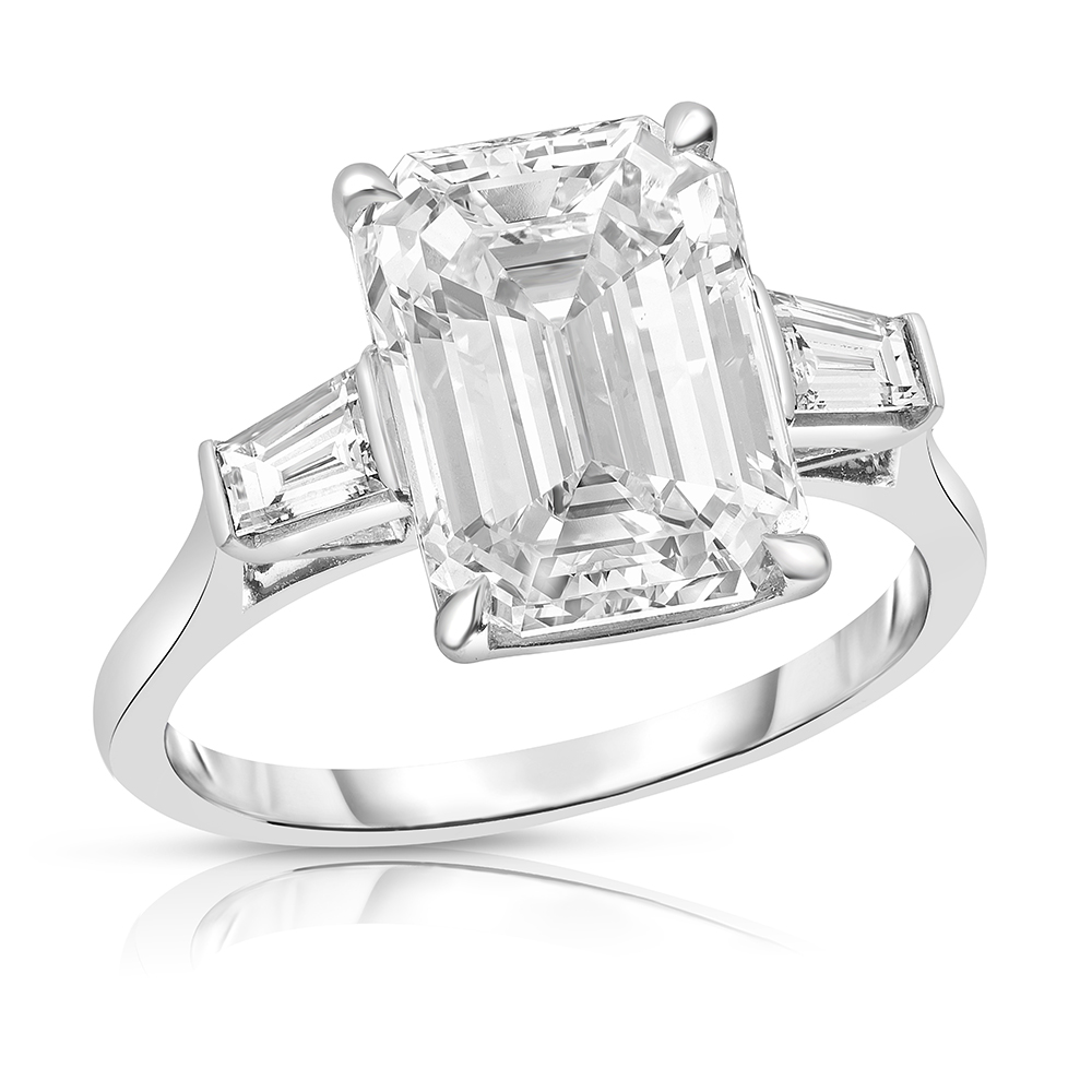 Flush Fitting Emerald Cut Three Stone Ring with Tapered Baguettes | Marisa Perry by Douglas Elliott Flush Fitting Emerald Cut Three Stone Ring with Tapered Baguettes | Marisa Perry by Douglas Elliott
