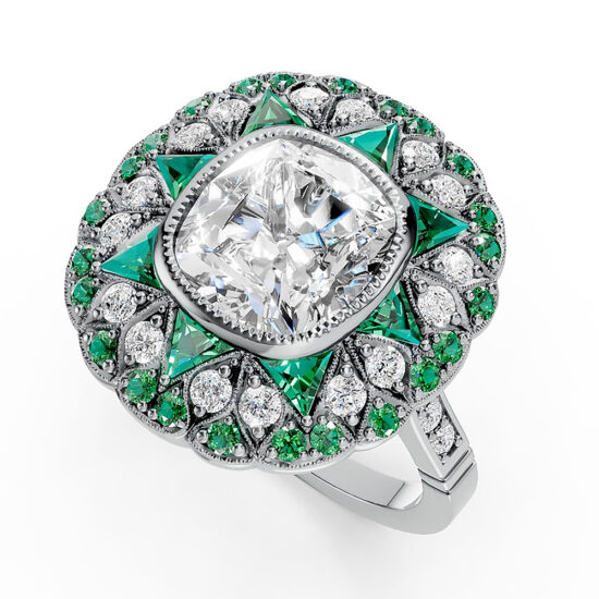 The Taylor Antique Cushion Diamond and Emerald Ring