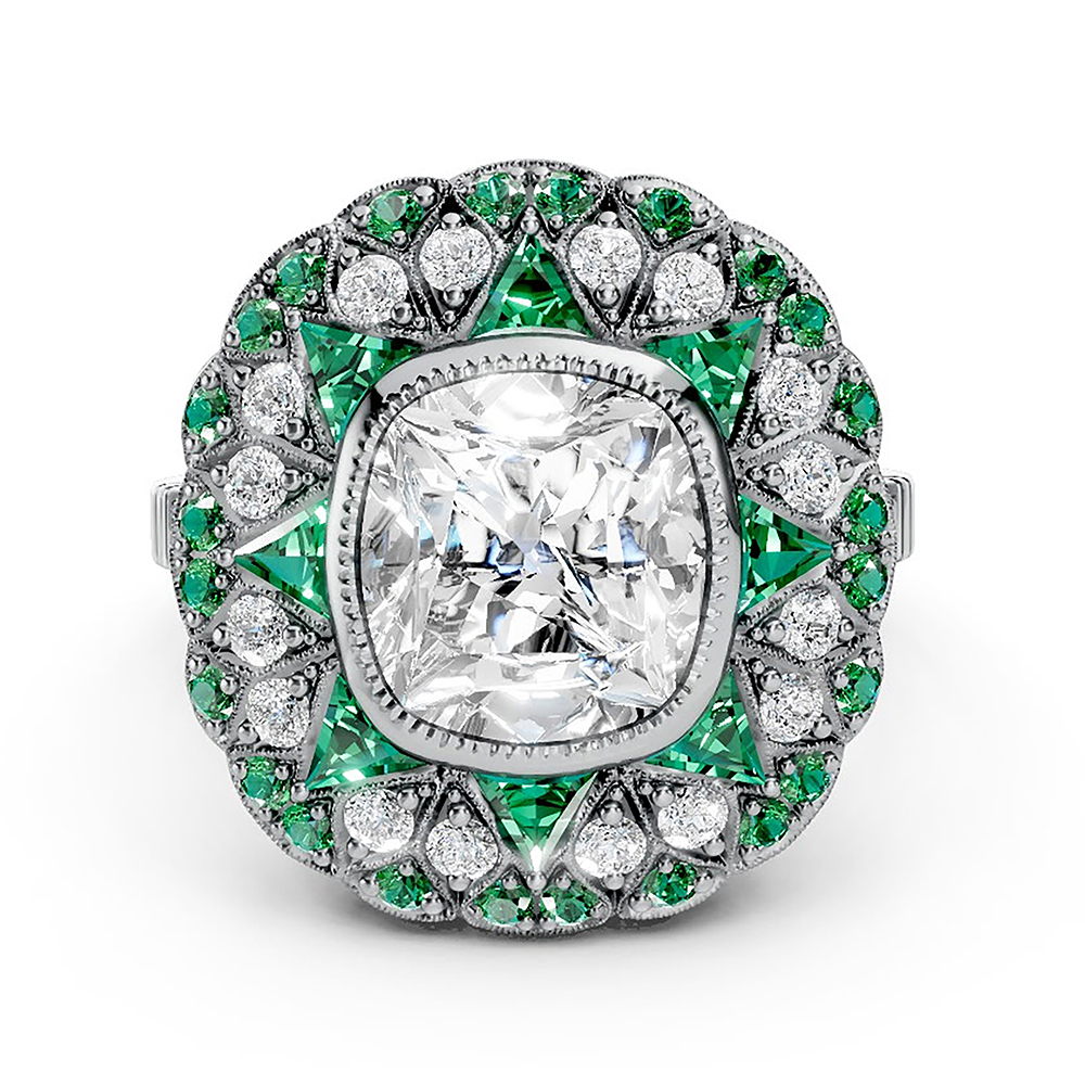 The Taylor Antique Cushion Diamond and Emerald Ring